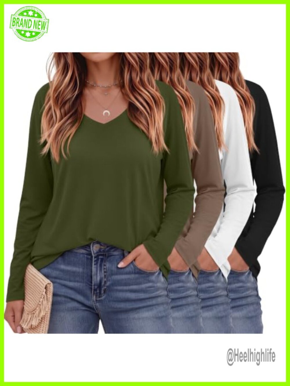 Plus Size Long Sleeve V-Neck T-Shirts Curved Hem Loose Fit Tops 4 Pack